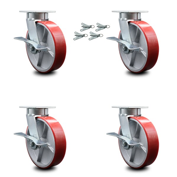 8 Inch Kingpinless Red Poly on Steel Wheel Caster Set Brake and Swivel Lock